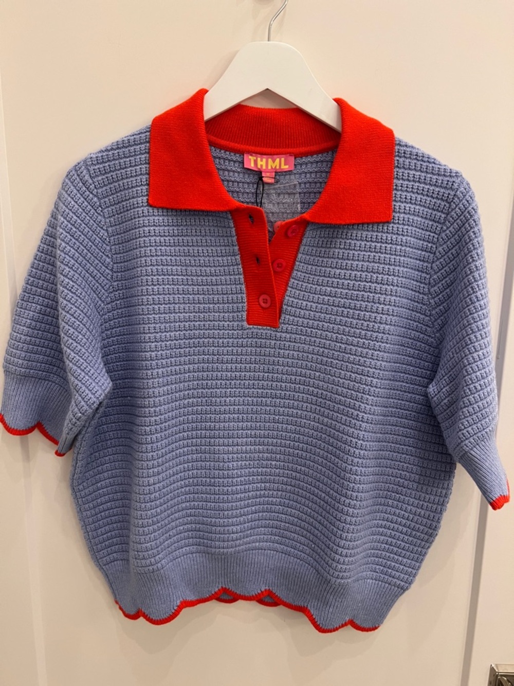 THML Light Blue Knit Polo with Bright Orange Collar and Red Trim